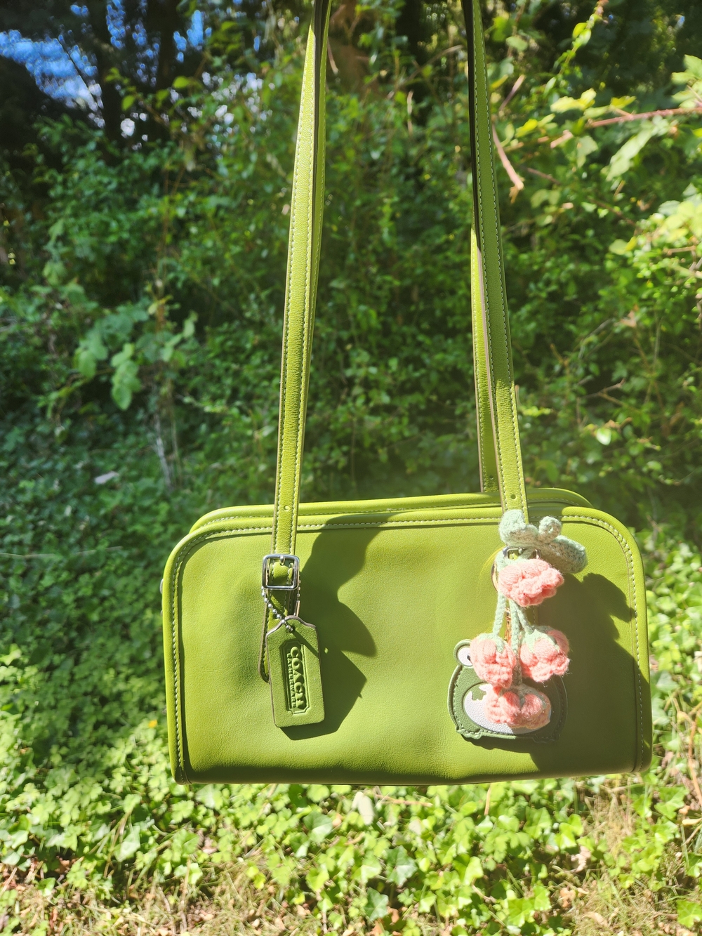 Coach Lime Green Shoulder Bag with Pink Floral Charm